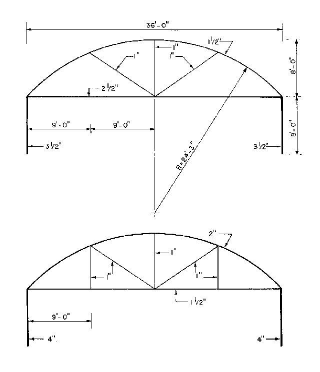 Examples of two trusses constructed of structural steel tubing with 36,000 psi minimum yield stress, based on 6-ft spacing between frames. The upper truss is designed to withstand 95 mph wind loads and the lower truss is designed to withstand 105 mph wind loads. Higher winds are mre prevalent in coastal areas and in south Florida. Designs are based on the AISC Manual of Steel Construction, 8th Edition, American Institute of Steel Construction, Chicago, Illinois, 1980.