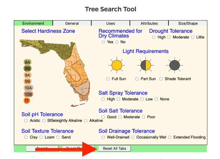 Tree Recommendation Tool page with 2023 USDA plant hardiness zone map of Florida and some neighboring states with a color-coded legend identifying each zone in the map, as well as an OK button near the bottom of the page.