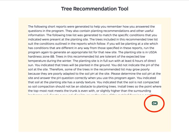Tree Recommendation Tool page with 2023 USDA plant hardiness zone map of Florida and some neighboring states with a color-coded legend identifying each zone in the map, as well as an OK button near the bottom of the page.