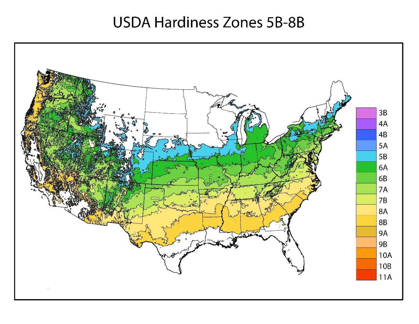 Shaded area represents potential planting zone—USDA Hardiness Zones 5B–8B.