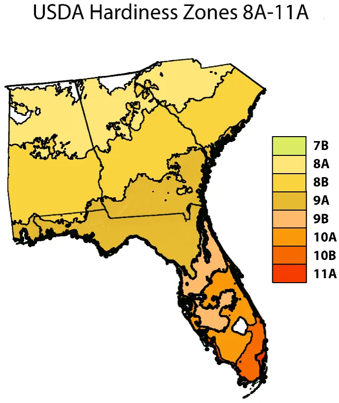 Shaded area represents potential planting zones in the SE Region—USDA Hardiness Zones 8A to 11A, 11B within planting zone but not pictured on map.