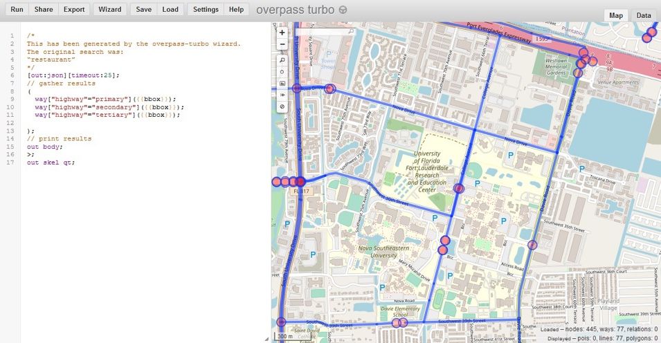 Screenshot of a map displaying a network of roads and pathways with highlighted routes marked in blue and purple circles indicating key intersections or points. The map includes labels for streets and landmarks, parking areas marked with "P," and a legend on the left showing code used to generate the map with specific styling for highways and primary roads.