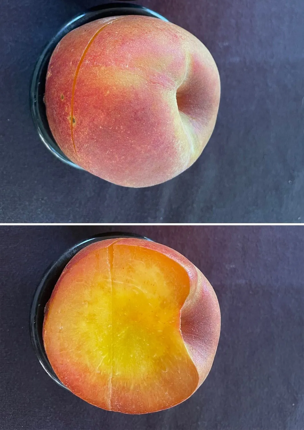 External surface scald (top) and internal flesh browning (bottom) are symptoms of heat injury.