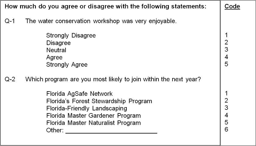 Figure 2. An example of questionnaire items and associated numerical codes.