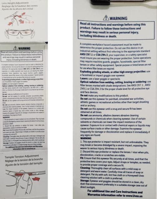 Figure 5. Instruction and safety information accompanying eyewear from Figure 1 and Figure 2, respectively.