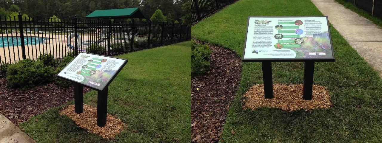 Figure 4. We installed this sign near a Gainesville neighborhood pool where people traffic is high. The panel discusses native plants and how to landscape with natives in a yard.